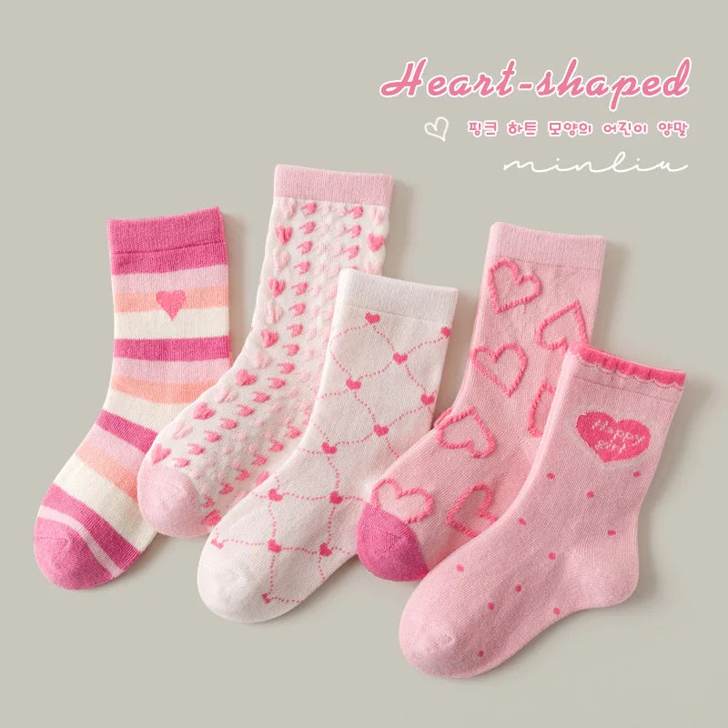 Little Girls Socks Spring Cotton Socks Baby 1-12T Children's Calf Socks Girl Cartoon Love Pattern 5 Pairs Socks