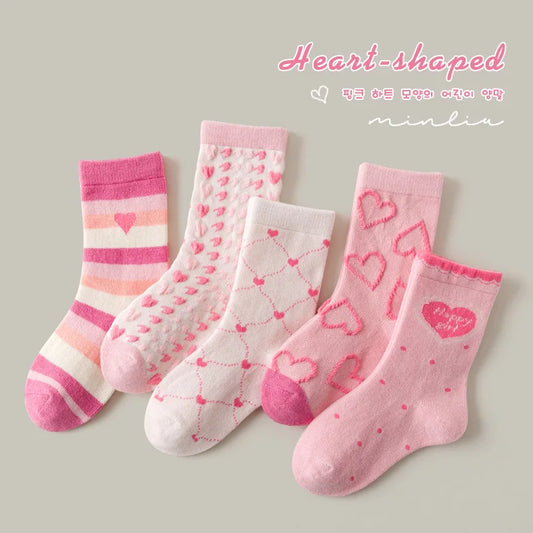 Little Girls Socks Spring Cotton Socks Baby 1-12T Children's Calf Socks Girl Cartoon Love Pattern 5 Pairs Socks