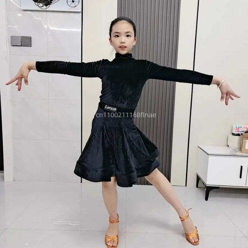 Girls' Latin Dance Dress Autumn/Winter Long Sleeve Professional Practice Dress Velvet Split Set Dance Performance Dress