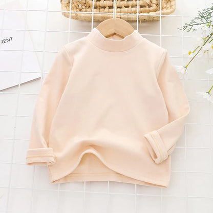 Girls T-shirt Solid Thermal Underwear Long Sleeve Casual Autumn Winter High Collar Thin Velvet Heating Tops 6 8 10 12 Years