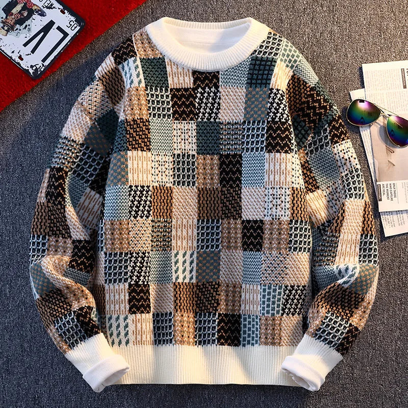 New Fashion Men Plaid Pullover Winter Sweaters Outwear Loose Casual Knitted Sweaters Male O-neck Pullovers Sweatercoats Size 4XL