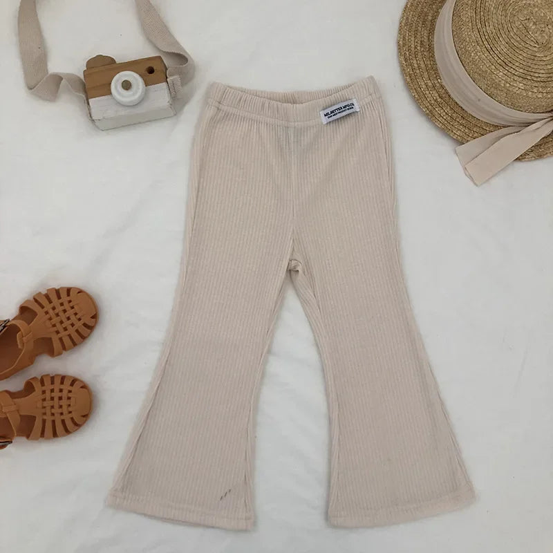 Girls' Bell Bottom Pants 2025 Spring New Style, Stylish, Solid Color, Slim Fit, 9% Casual Bottom Pants Trend for Little Girls