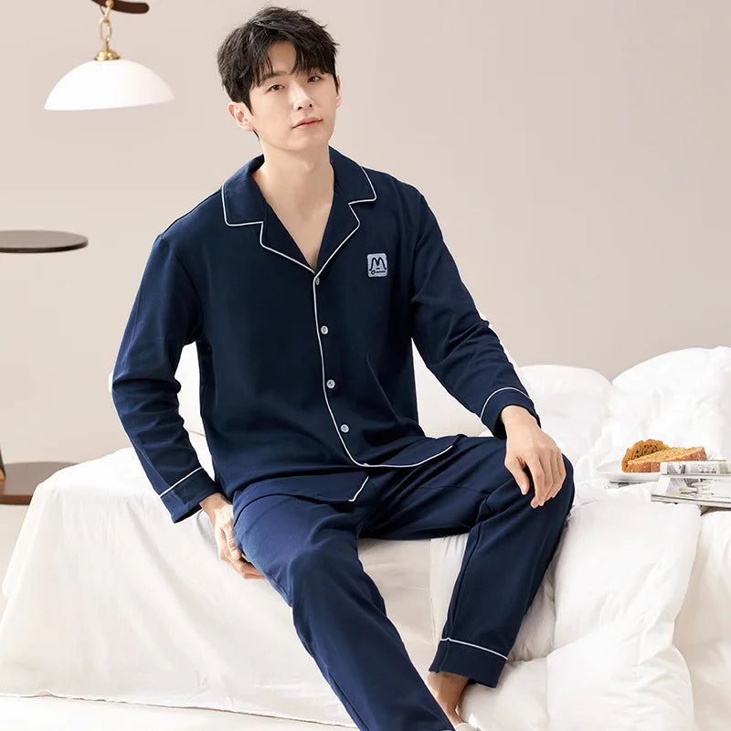 Pajamas for Men Spring Autumn Long Sleeve Lapel Button-up Cardigan Trousers Two-pieces Loose Casual Home Clothes Men Pajama Sets