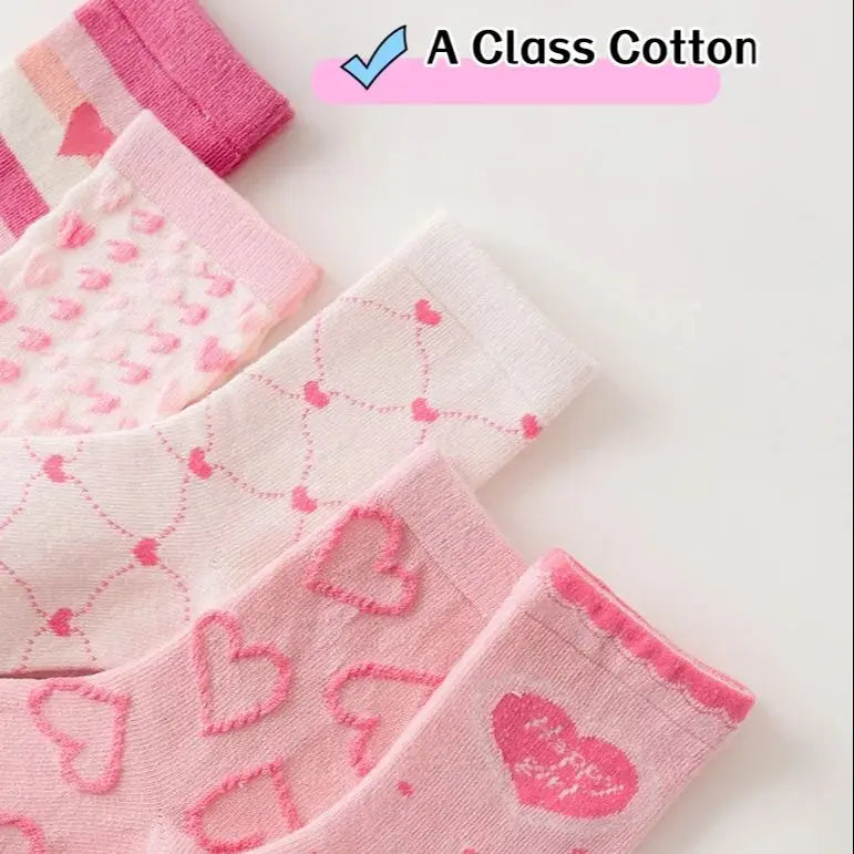 Little Girls Socks Spring Cotton Socks Baby 1-12T Children's Calf Socks Girl Cartoon Love Pattern 5 Pairs Socks