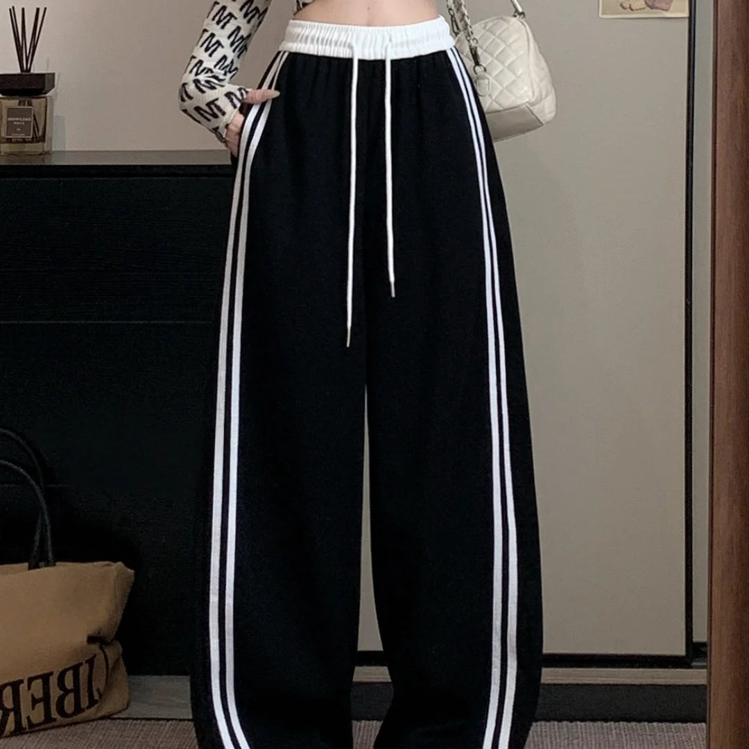 Girls Sweatpants Elastic Waist Drawstring Side Double Striped High Waist Loose Fit Wide Leg Straight Cut Casual Pants Streetwear
