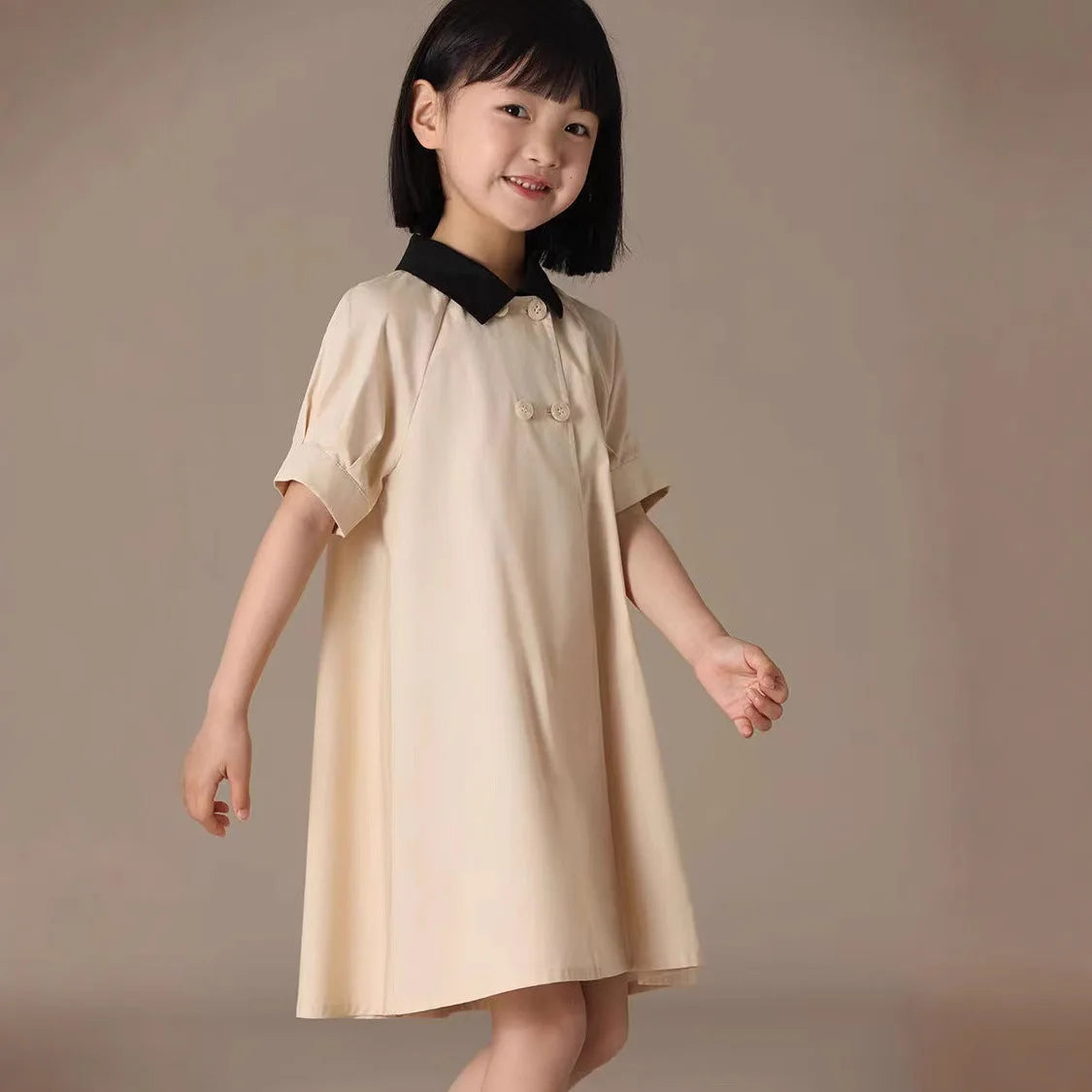 Girls Dress 2025 Spring Summer New Simple Temperament Cotton Contrasting Turn-down Collar Double Breasted Short Sleeved Dress