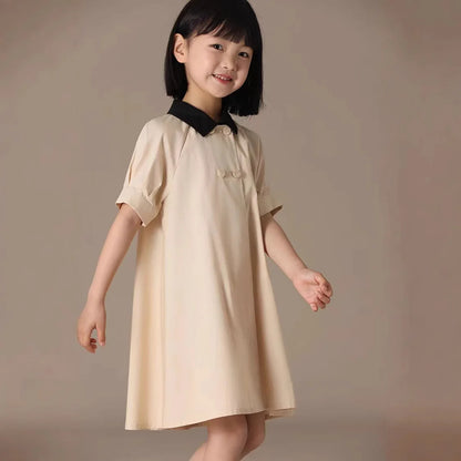 Girls Dress 2025 Spring Summer New Simple Temperament Cotton Contrasting Turn-down Collar Double Breasted Short Sleeved Dress