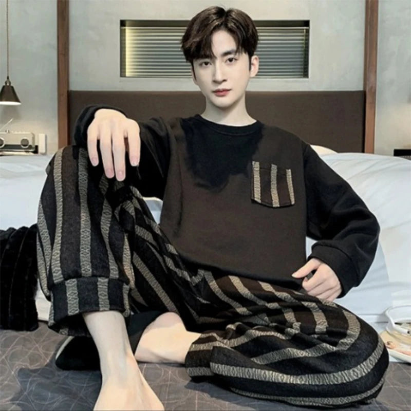 Men Pajamas Set of Autumn and Winter Tops and Pants Youth Nightwear Homewear Two-Piece Student Striped Sleepwear Loungewear