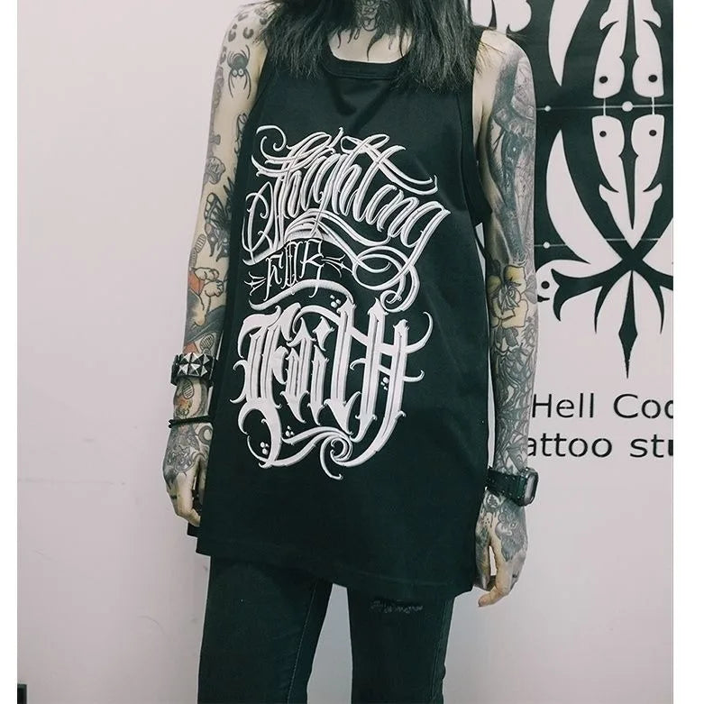 Girls Tanks Fashion Couple Printed Black Tops for Men or Women Short Sleeved Rock Punk Goth Casual Basic Sleeveless Vests
