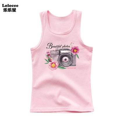 Girls Perfume Floral Singlet Cotton Underwear Summer Children Pink Tank Tops Toddler Kids Sleeveless T-shirt
