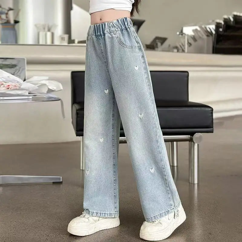 Girls' Trendy Long Pants Straight-leg Wide-leg Pants for Older Girls Children's Jeans