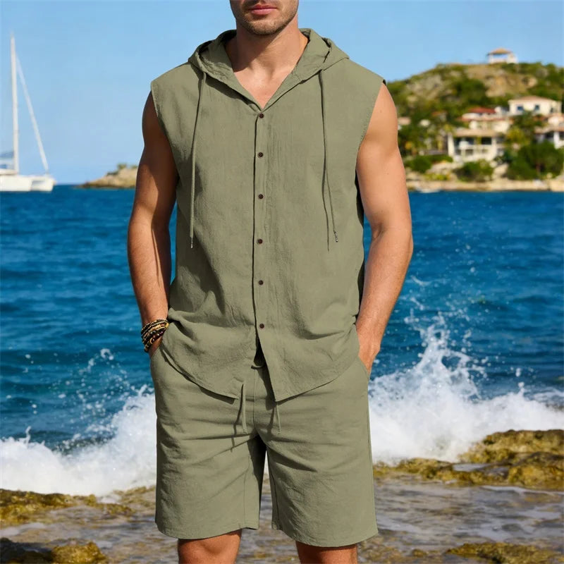 Men's two-piece linen hooded set sleeveless cardigan hoodie & knee-length shorts suitable for casual summer beachwear