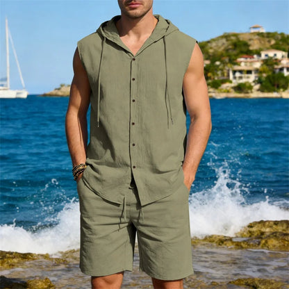 Men's two-piece linen hooded set sleeveless cardigan hoodie & knee-length shorts suitable for casual summer beachwear