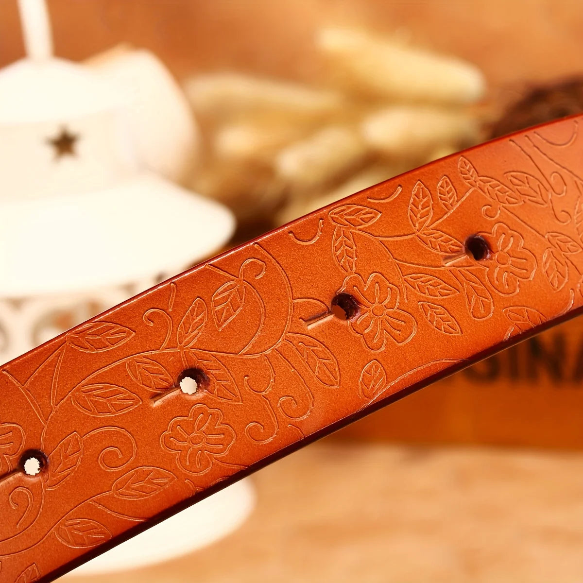 Vintage Flora Women Belts Cowhide Leather Belt Waistband with Sculpture Alloy Buckle for Dresses Skirts and Jeans