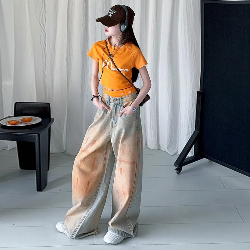 summer teen girls Orange washed graffiti straight leg jeans cotton letter short t-shirt top 4 10 12 14 junior child kids outfits