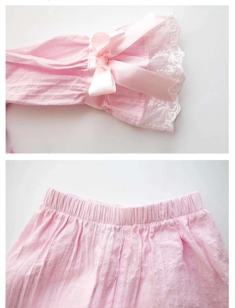 Girls Cotton Pajama Set Long Sleeve Kids Sleepwear Loungewear Comfy Home Clothes Basic Solid Color 2 Piece Outfit Summer Wear
