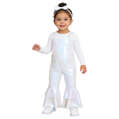 Baby Girls Clothes Birthday Party Metallic Bell Bottoms Romper Djustable Straps Bow Overalls with Headwear Photo Shoot Outfit
