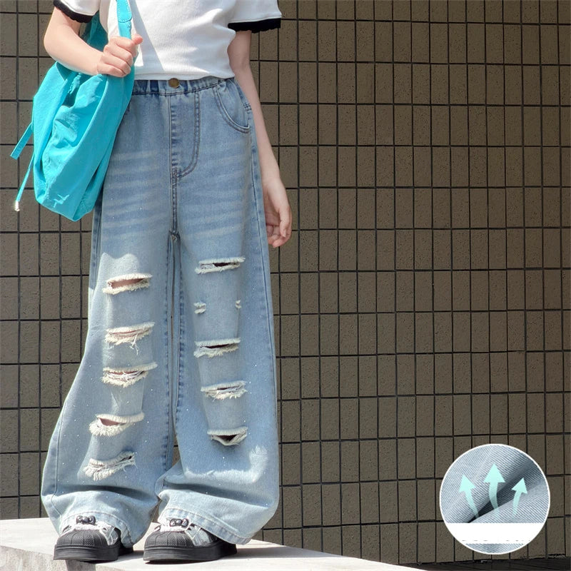 Teenage Girls Cool Denim Pants for Summer Loose Rhinestone Jeans Casual Trousers With Hole Kids Elastic Waist Jeans 5 To 14Years