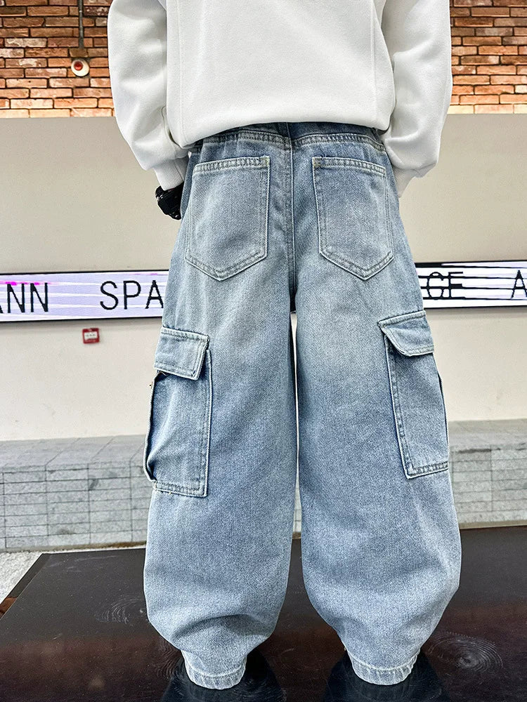 Teen Boys Straight Leg Cargo Jeans New Spring/Autumn Kids Wide Leg Denim Long Pants for Children Loose Pockets Trousers 5 14 Yrs