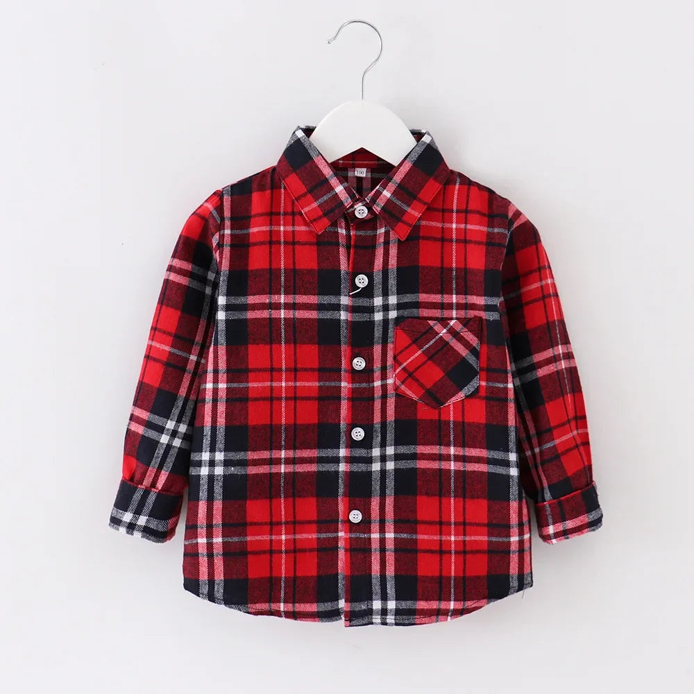 Shirts for Boys Spring Autumn Fashion Casual Plaid Blouse School Boys Clothes Long Sleeve Brushed Shirt Teen Children Clothes