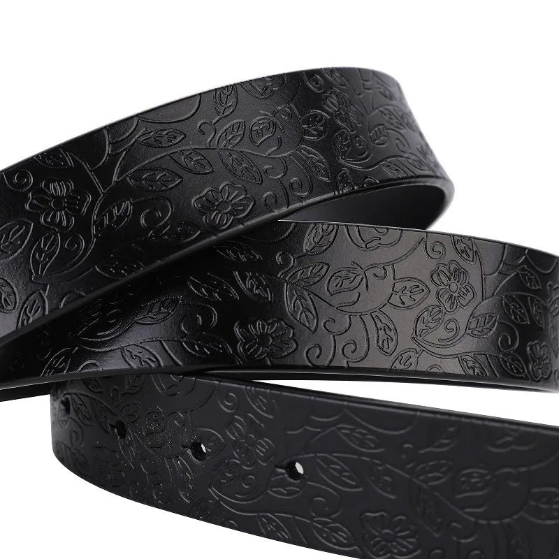 Vintage Flora Women Belts Cowhide Leather Belt Waistband with Sculpture Alloy Buckle for Dresses Skirts and Jeans