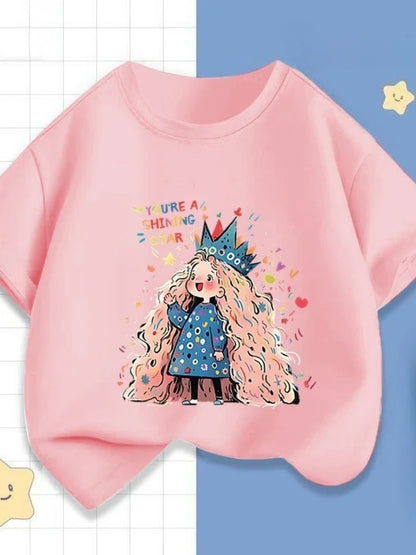 Girls' Summer Cartoon Short-sleeved T-shirt, New Round Neck Color-blocking Half-sleeved Little Girls' Printed Casual Top In