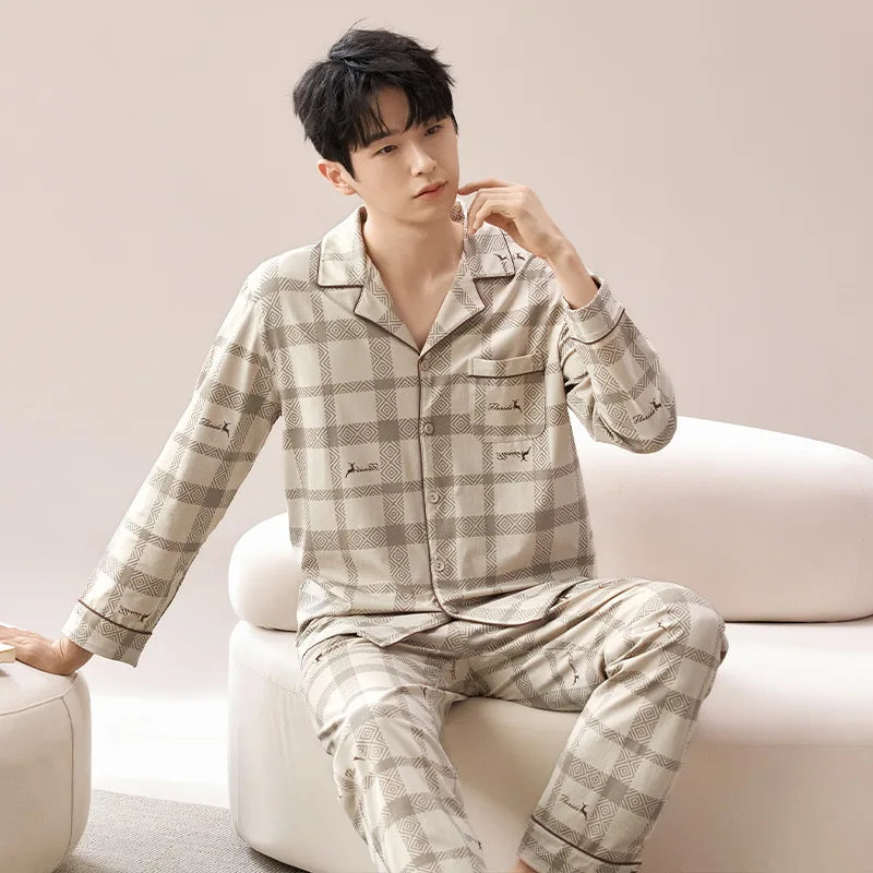 Pajamas for Men Spring Autumn Long Sleeve Lapel Button-up Cardigan Trousers Two-pieces Loose Casual Home Clothes Men Pajama Sets