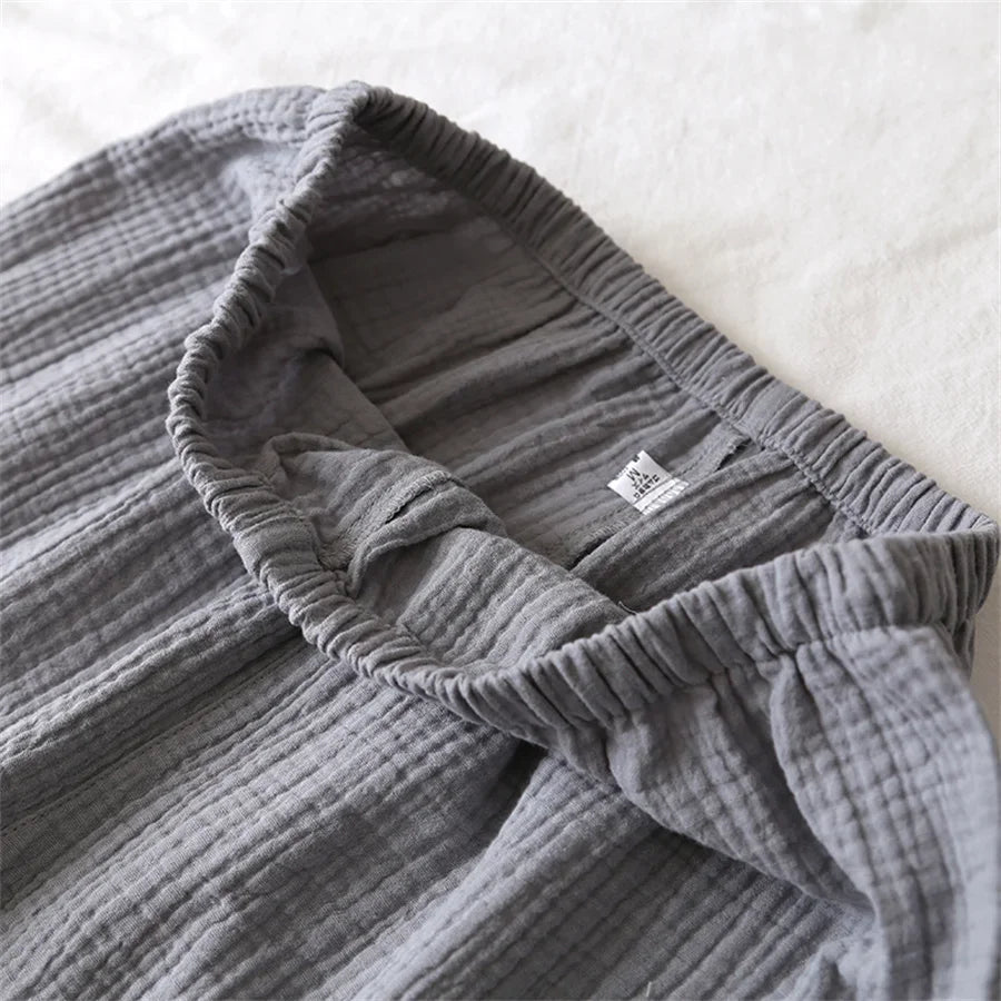 2025 New Summer Men Pajamas Suit Cotton Crepe Gauze Solid Color Simple Short-sleeved Shirt Shorts Sleepwear Men's Loungewear