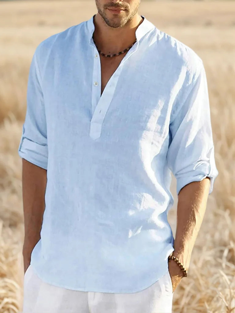 Men's Beach Hawaiian Shirts Solid Color Casual Streetwear Breathable Lightweight Shirts Long Sleeve Henley Cotton Linen Shirts