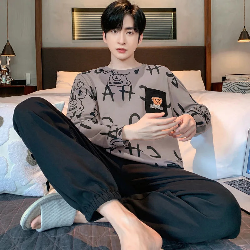 Men Pajamas Set of Autumn and Winter Tops and Pants Youth Nightwear Homewear Two-Piece Student Striped Sleepwear Loungewear