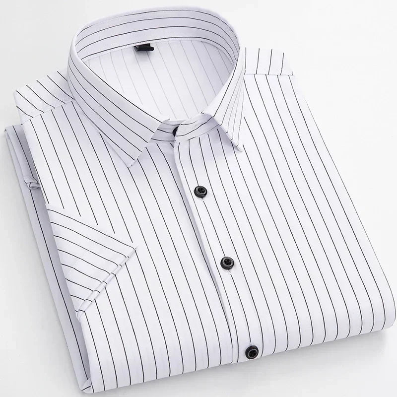 Men’s Business Short Sleeve Shirts Elegant Plain Stretch No Iron Office Formal Dress Shirt Casual Standard Male Workwear Shirt