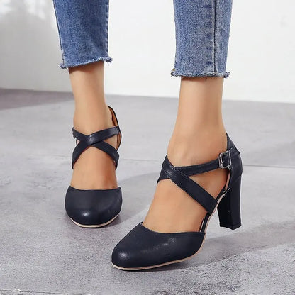 Women High Heels Shoes 2023 Autumn New Round Toe Chunky Heel Casual Platform Women's Shoes Female Belt Buckle