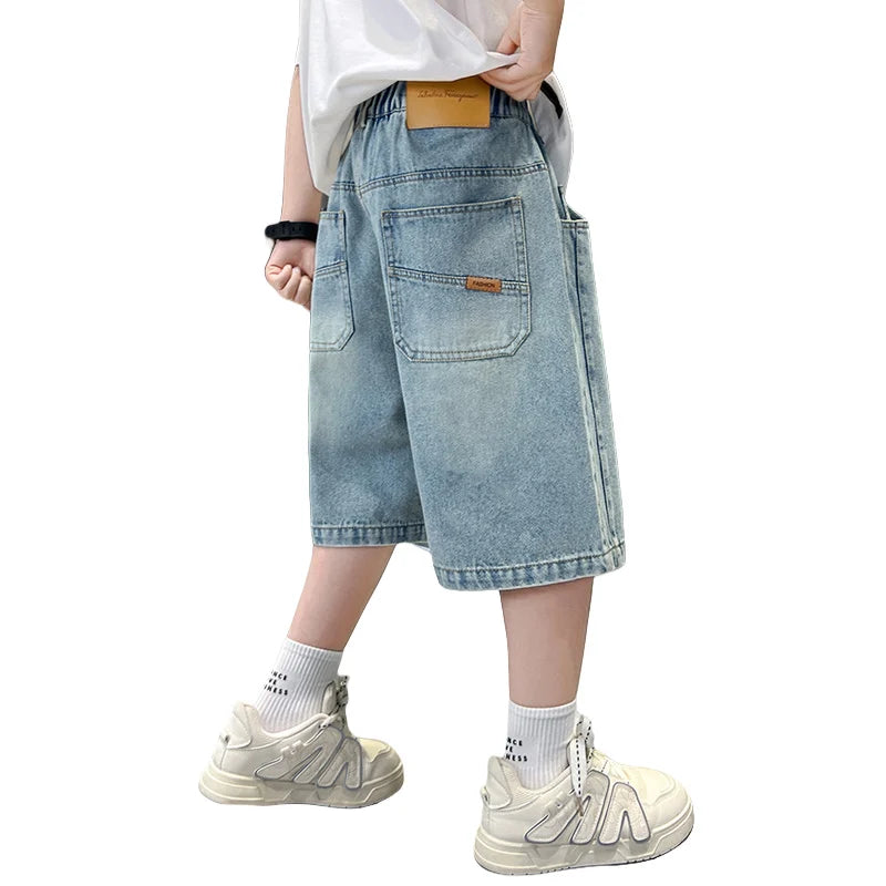 Boys Denim Shorts Teen Boys Casual Knee-Length Jeans Teenage Child Blue Denim With Y2K Fashion Style Trousers Toddler Ages 4-14Y