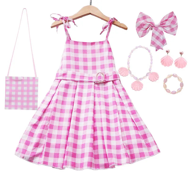 Girls' Summer Off Shoulder Dress with Belt Suitable For Female Pink Plaid Frock Kid Christmas And Halloween Role-Playing Costume