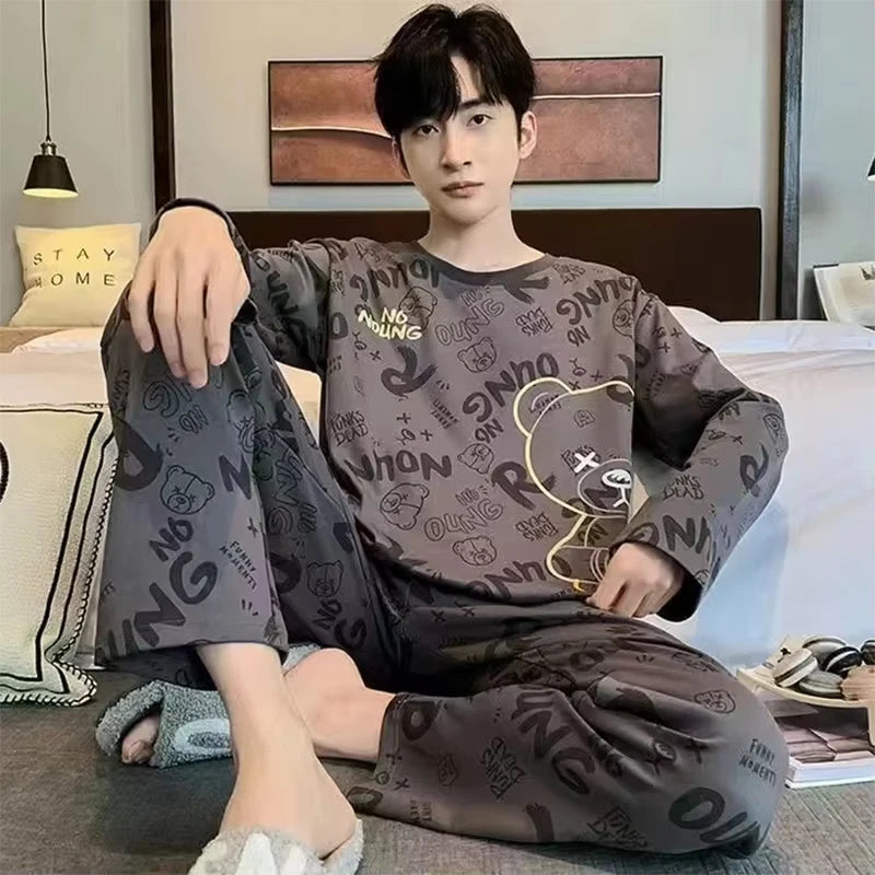 Men Pajamas Set of Autumn and Winter Tops and Pants Youth Nightwear Homewear Two-Piece Student Striped Sleepwear Loungewear