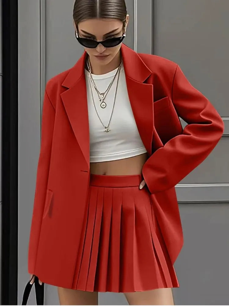 Women's New Fashion Casual Two-Piece Sets Pleated Skirt Suits Women Spring Autumn Office Ladies Solid Suit Coat And Skirt Set