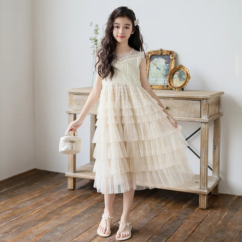 Tulle Tiered Dress for Girls 2026 New Summer Sleeveless Vest Princess Dress Daily Party Holiday Beige Teenage Children Clothes
