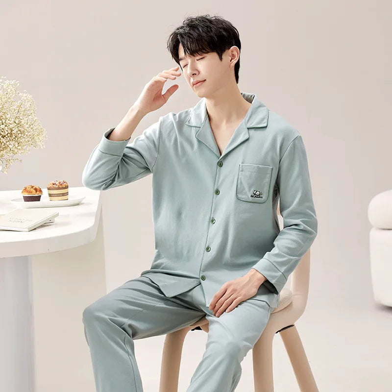 Pajamas for Men Spring Autumn Long Sleeve Lapel Button-up Cardigan Trousers Two-pieces Loose Casual Home Clothes Men Pajama Sets