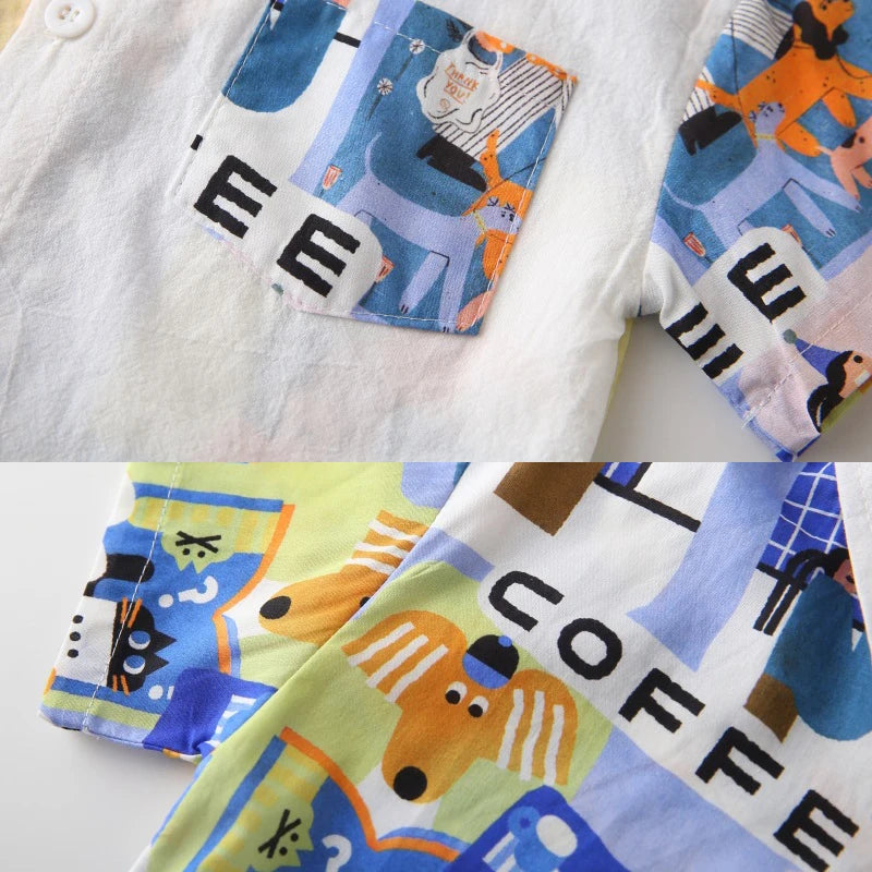 Cute Children's Shirts 2025 Boy Shirts 100% Cotton Short Sleeve White Blue Kids Summer Clothes Toddler Baby 1 to 2 3 4 5 6 7 Yrs