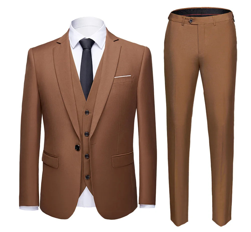 Man Suit Set Simple Solid Color Long Sleeve Male Outfit Single-breasted Slim Business Wedding Versatile Men Three-piece Suits