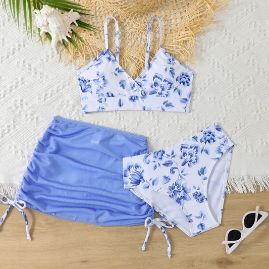 New Teen Girls' Summer Beach Swimwear With Chiffon Skirt Bikini 3pcs Set for Teenager Girls Bathing Suit Kids Swimsuit For 8-12Y