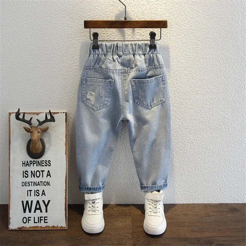 Boys Jeans Spring Autumn New Kids Hole Demin Pants Children Wear Teen Fashion Fit Long Pants Print Harlequin Trousers 3-12 Years