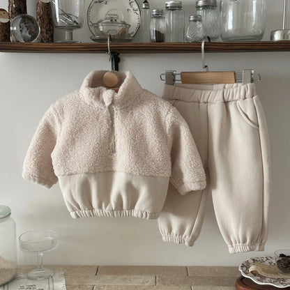 1-3 Year Baby Boy Girls Clothing Set Winter Autumn Lamb Fleece Sweatshirt Pants 2Pc Children Suit Toddler Kid Casual Outfit