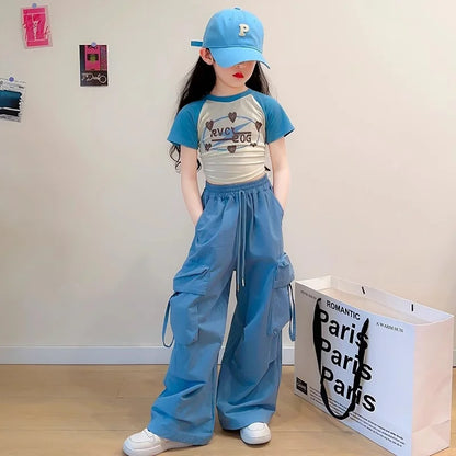 Girls Cargo Pants Spring Children Straight Wide-leg Pockets Pants Summer Teenager Fashionable Loose Trousers 5-14 Years Old