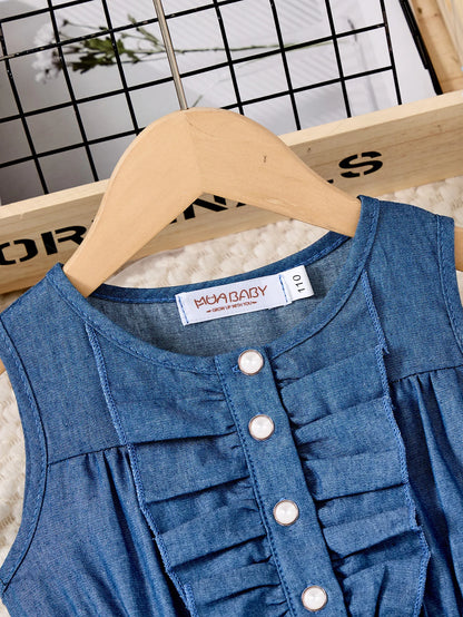 Girls Casual Dresses Denim Print Button Bow Ruffled sleeves Floral Tulle Cute Princess Formal Dresses Children Casual Dresses