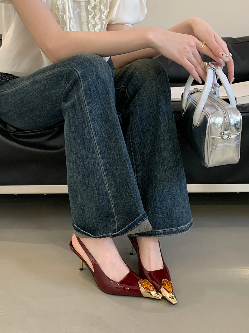 Sexy Women's High Heels Mules 2025 New Fashion Pointed Dress Women's Shoes Open Heel Party High Heels Striptease Sandals Women