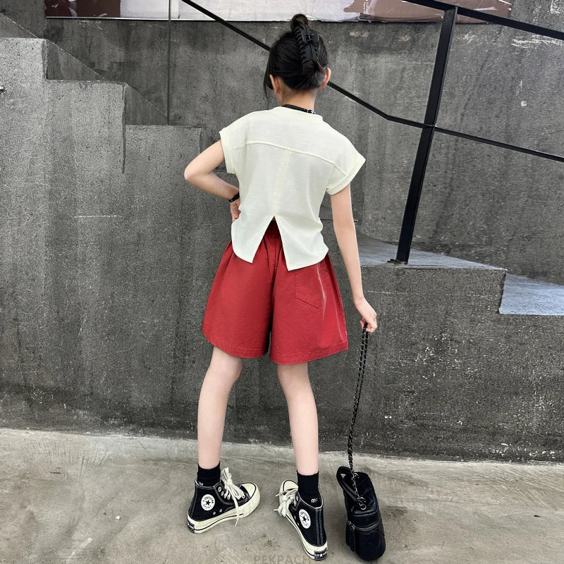 Teen Girls Summer Clothing Set Cartoon T Shirt Cargo Shorts 2PCS Suit Kids Child Fashion Streetwear Outfits 5 6 8 10 12 13 14 Y