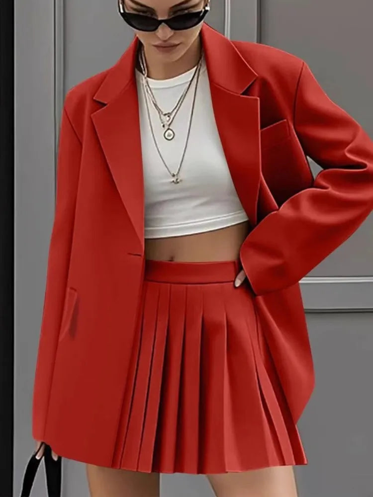 Women's New Fashion Casual Two-Piece Sets Pleated Skirt Suits Women Spring Autumn Office Ladies Solid Suit Coat And Skirt Set