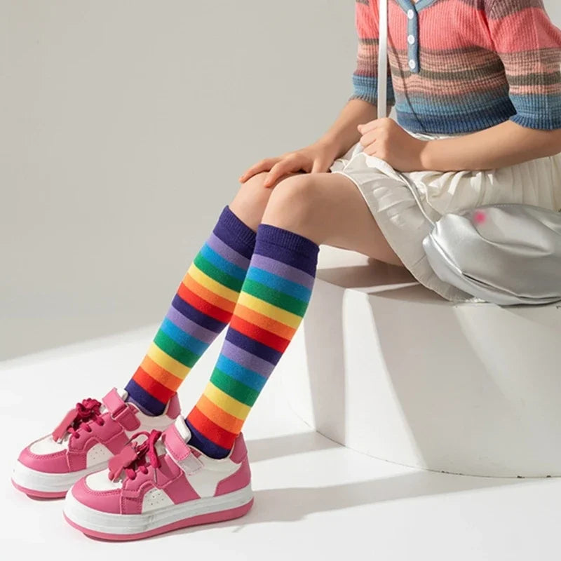 Stockings Rainbow Stripped Teen Girls Christmas Cosplay Party Socks Spring Autumn Children's Long Kids Girls Knee High Socks