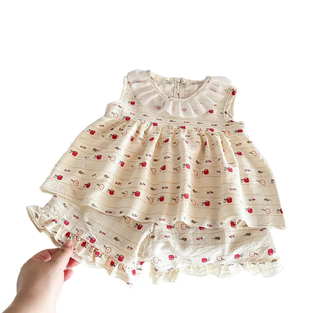 Baby Girls’ 2-Piece Summer Outfit – Sleeveless Floral Top & Cloud-Trim Skirt Lightweight Princess-Style Set Toddler Girl Clothes